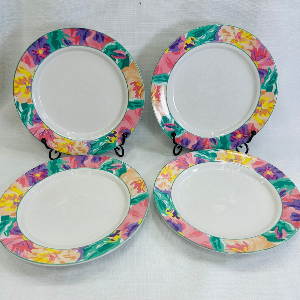 Riviera Van Beers Pansey Garden Salad Plates 7.5" Pink Floral Stoneware Set of 4